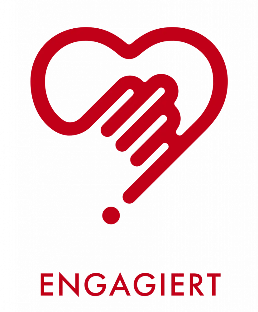 Das Symbol für den Wert Engagiert zeigt eine Hand auf einem Herz. Hand und Herz fließen ineinander.
